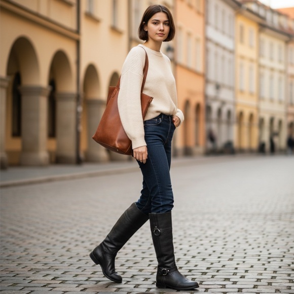 $389 Frye Jamie Ring Tall Distressed Stone Black Leather Knee High Zip Up Boot - Picture 3 of 15